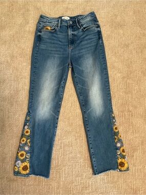 🌼 Driftwood Clara Ankle Flare Jeans Sunflower Embroidery 27 EUC Boho Cottagecore